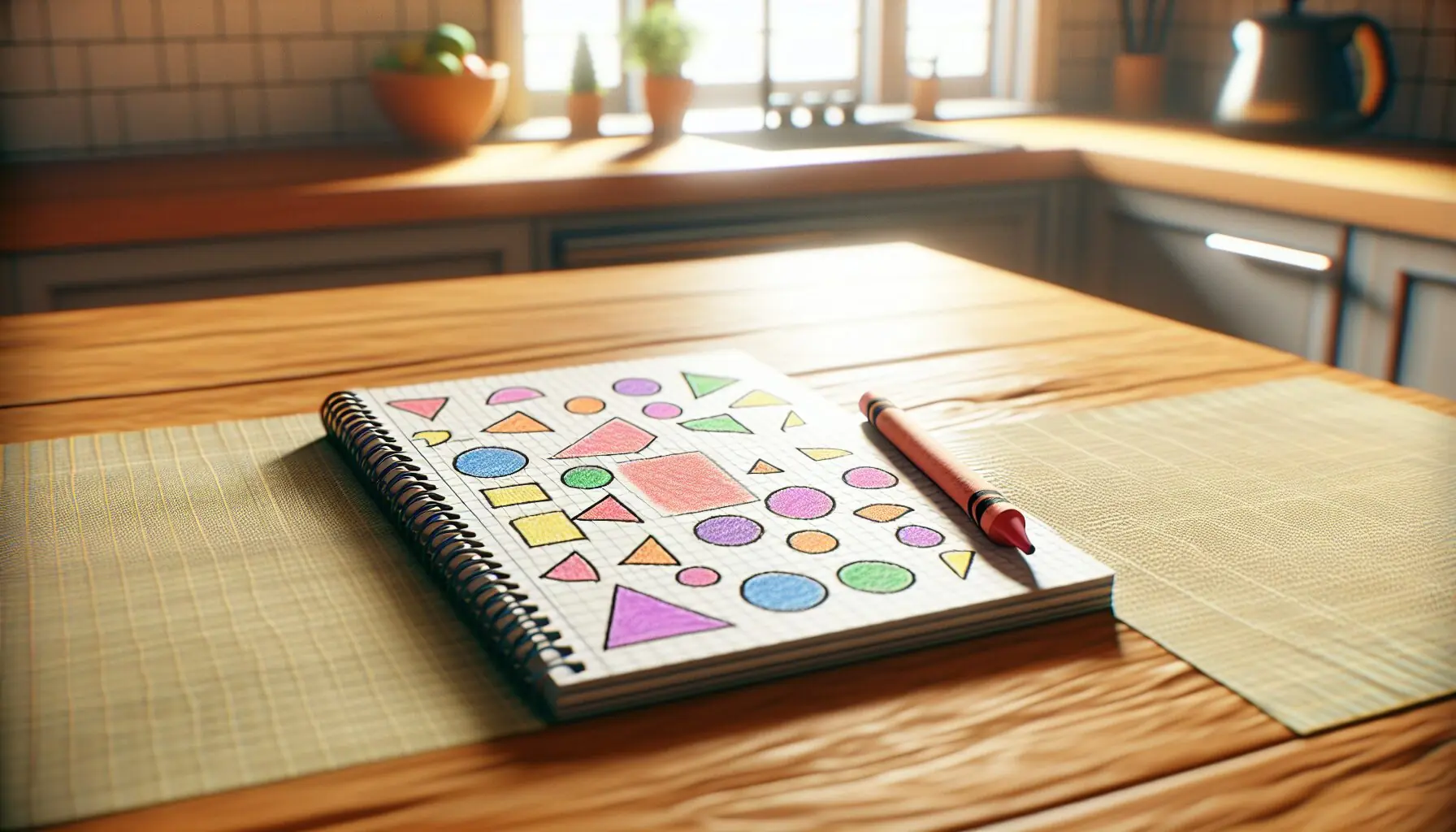 Generate an image of a notepad and a crayon with simple colorful geometric shapes drawn on.