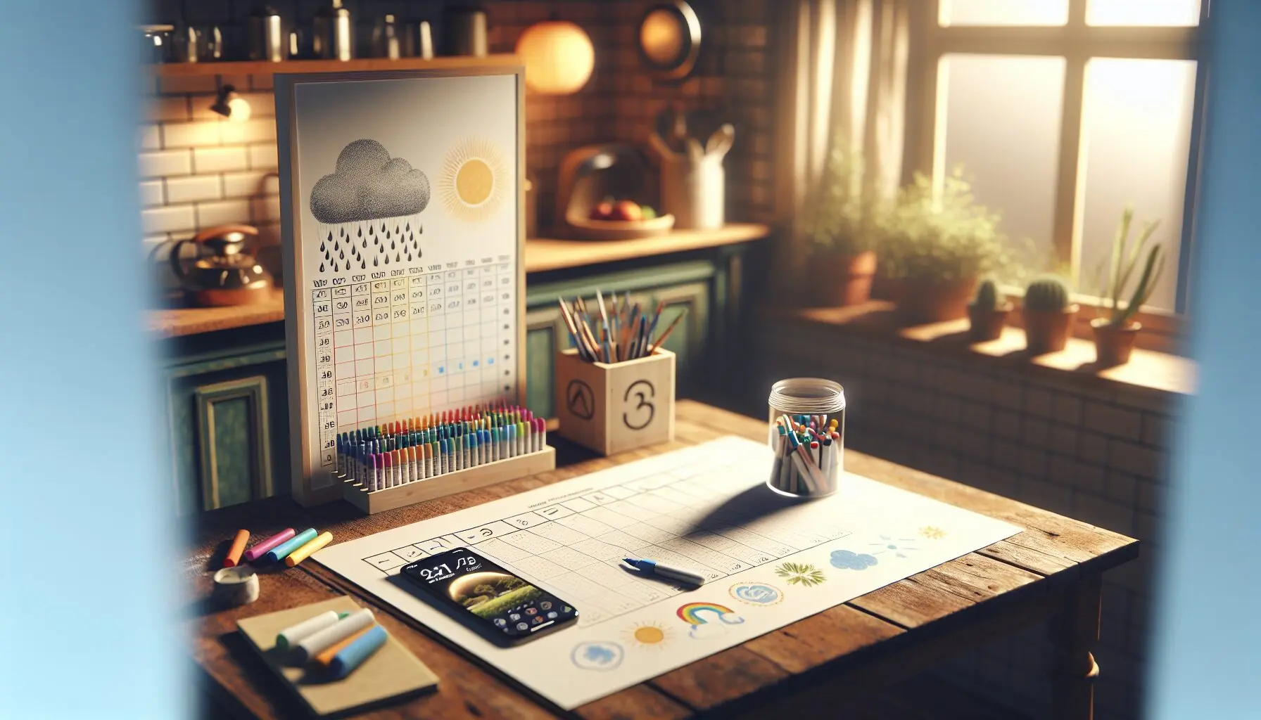 Generate an image of a simple weather chart with colorful markers, depicting sunny, rainy, and cloudy symbols.