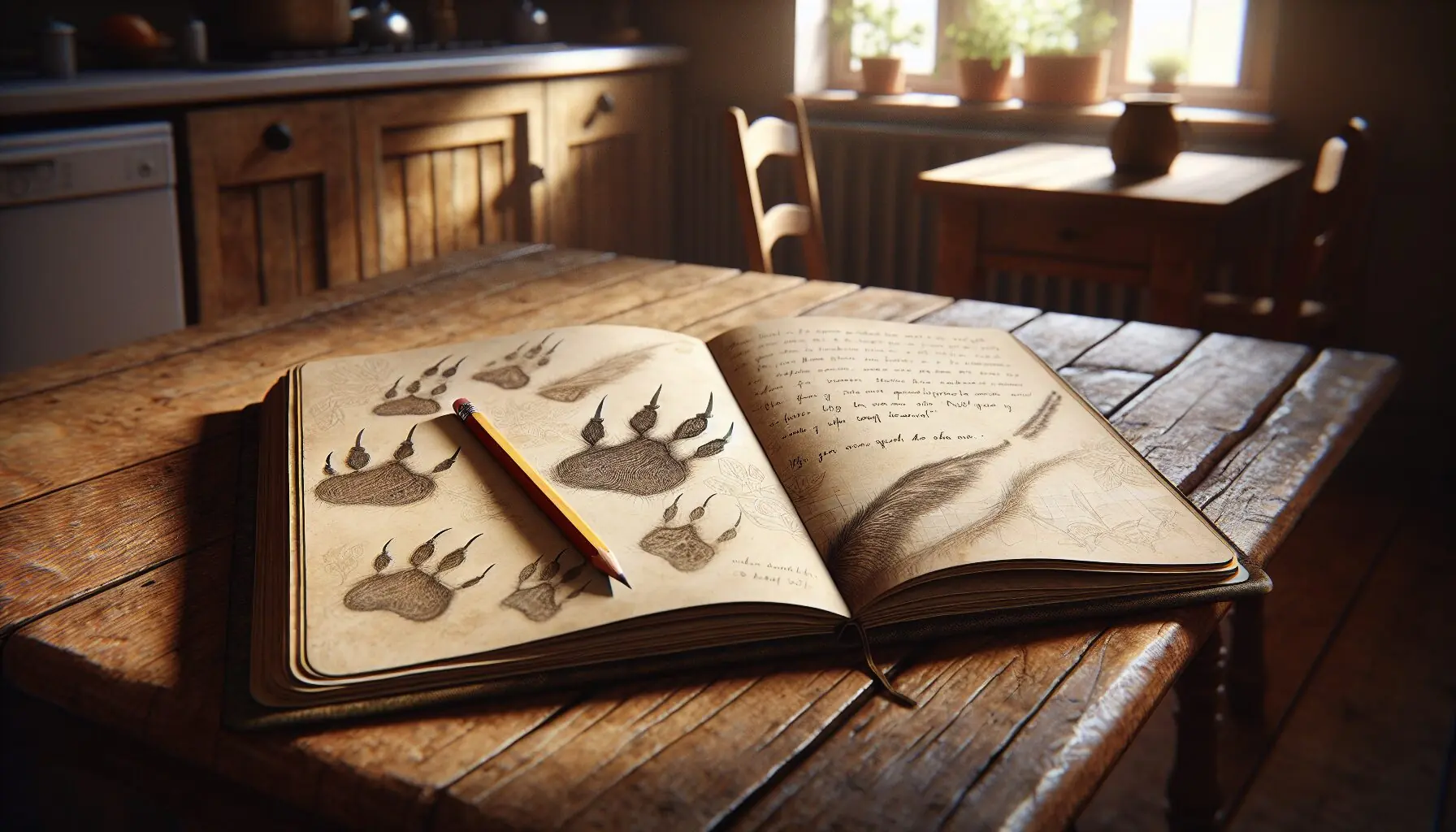 Produce an image of a family journal open to pages displaying sketched animal tracks and a hand holding a pencil poised to write.