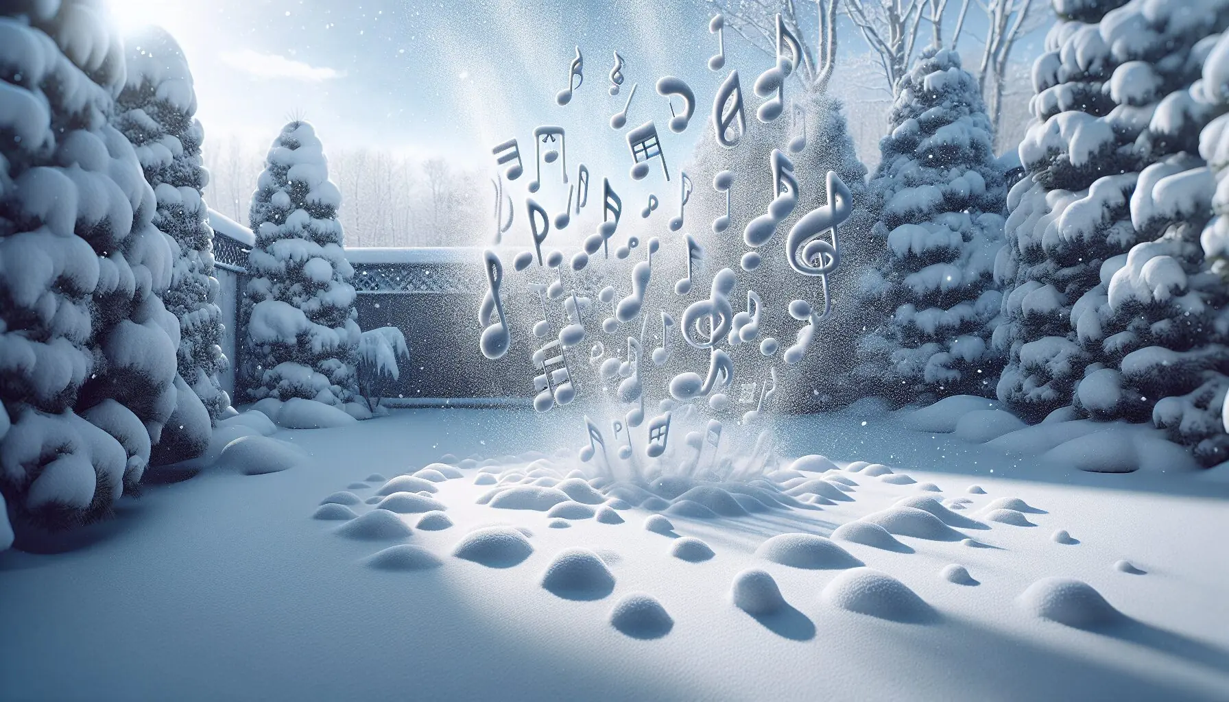 Generate an image of musical symbols integrated into a snowy landscape, symbolizing harmony and fun.
