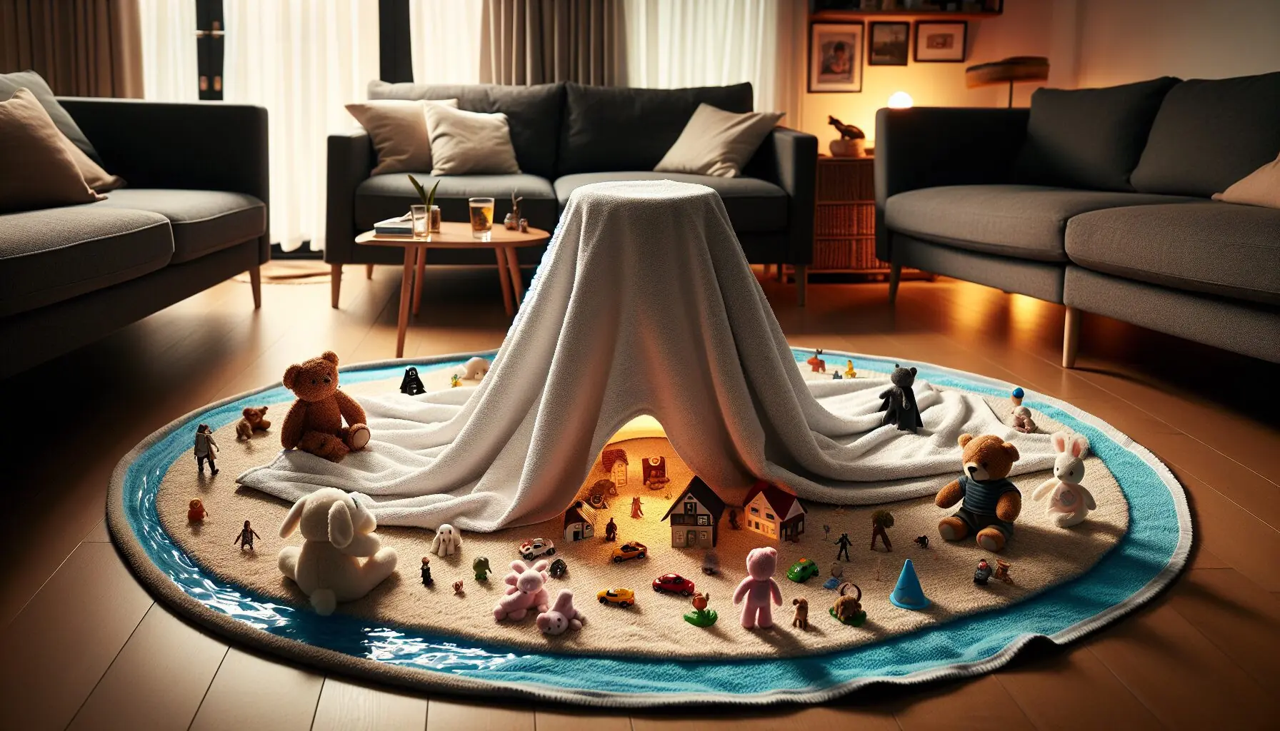 Generate an image of a "magic cape" lying on a blanket, surrounded by toy figures.