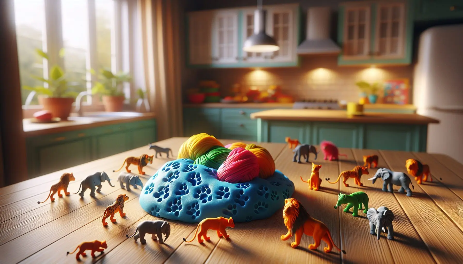 Create an image of colorful clay with various animal tracks imprinted, placed neatly on a wooden table.