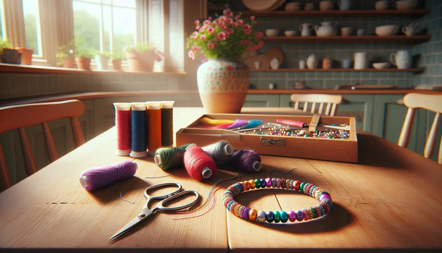 Generate an image showing a finished friendship bracelet on a colorful backdrop.