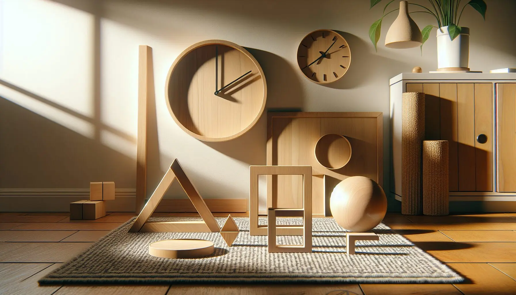 Generate an image of various household objects shaped like circles, squares, and triangles.