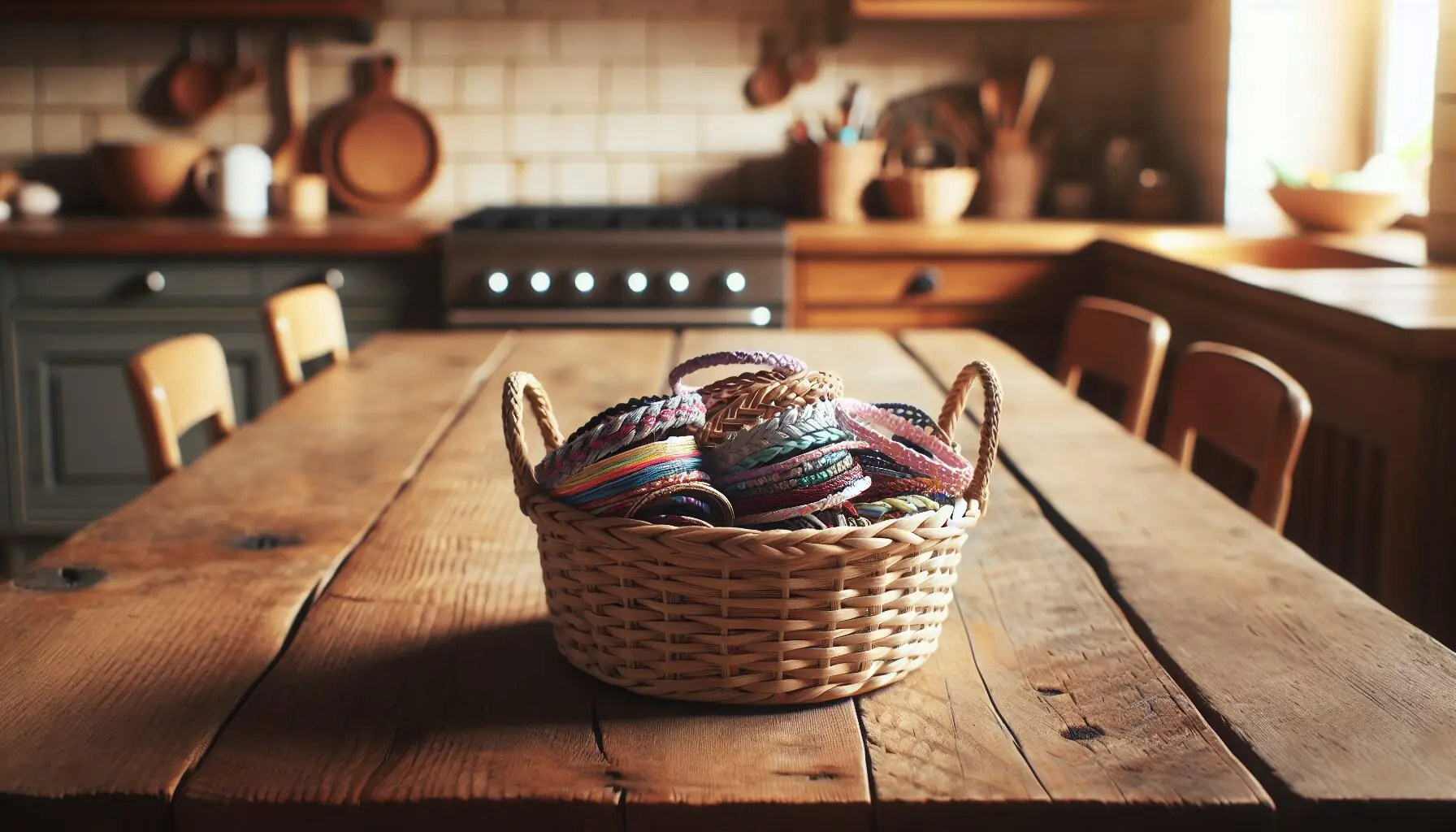Generate an image of multiple friendship bracelets in a small woven basket.