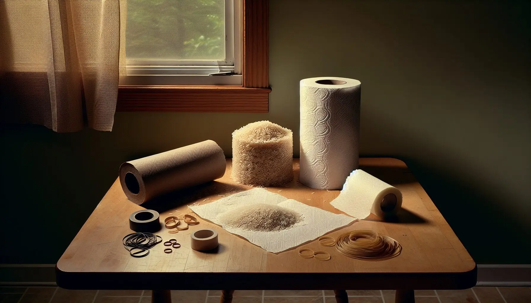 Create an image of materials: empty paper towel rolls, dried rice, wax paper, and rubber bands neatly arranged on a table.