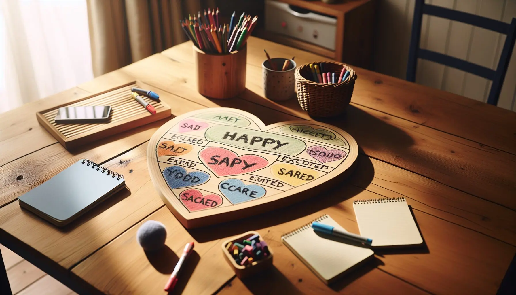 Generate an image of a heart-shaped board with words like 'happy', 'sad', 'excited', 'scared'.