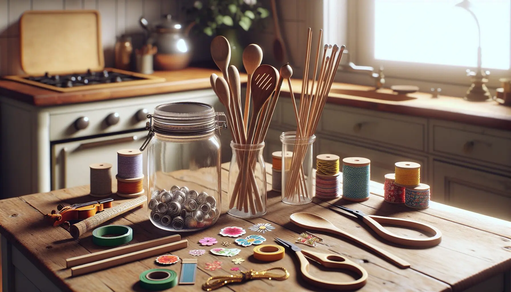 Design an illustration showing a pair of hands crafting a homemade instrument with stickers and colorful decorations.