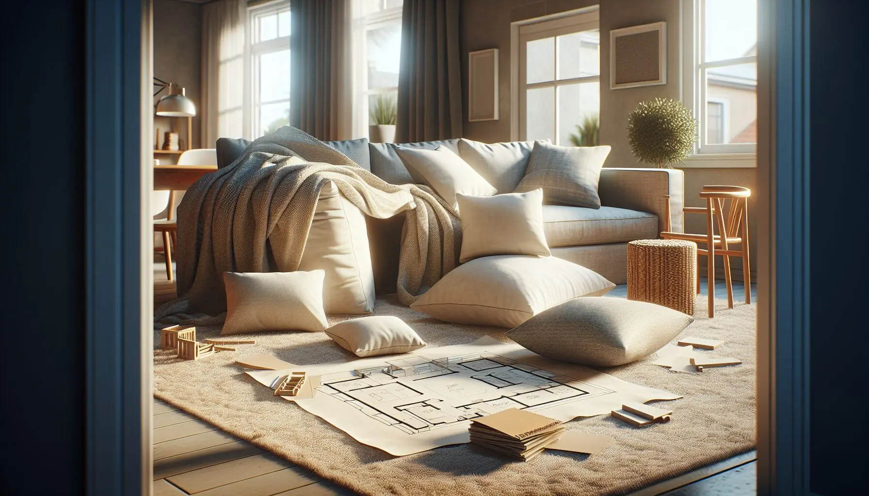 Design an image depicting a sketch or blueprint of a simple cushion fort, symbolizing problem-solving.