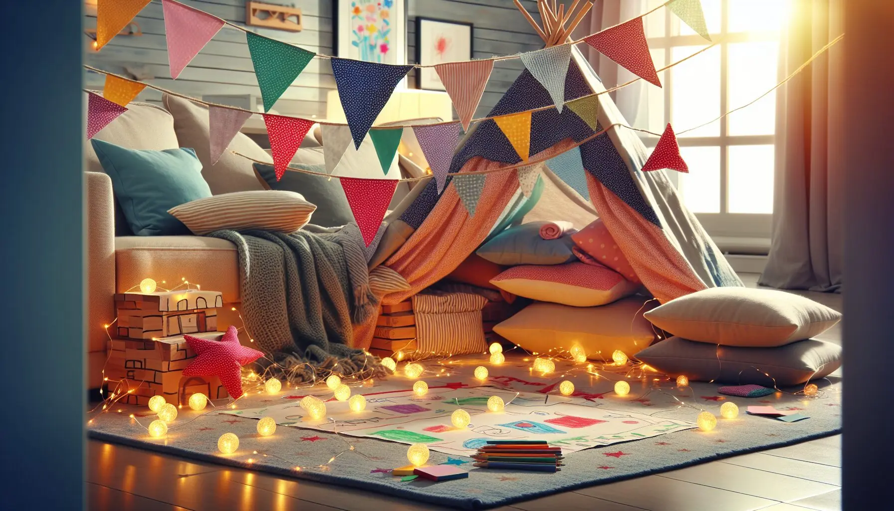 Illustrate an image of a child's drawing of a fort complete with flags and fairy lights for personalization.