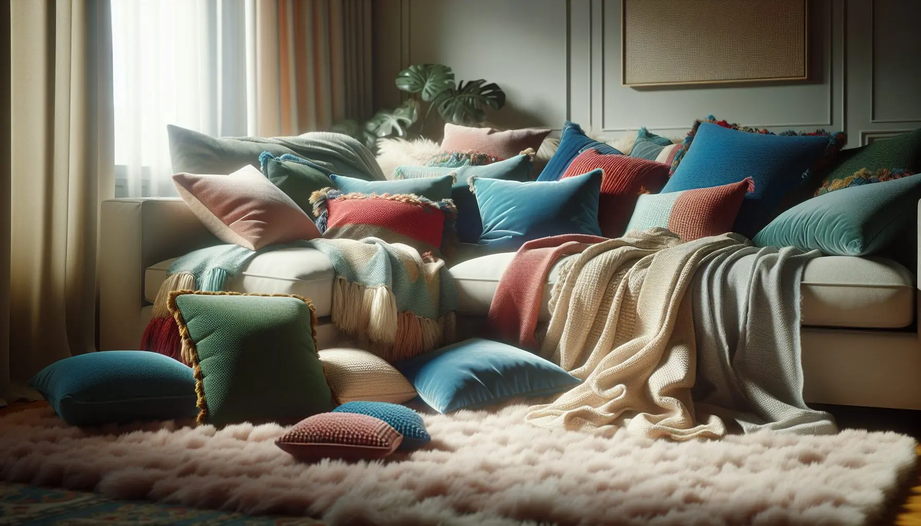 Generate an image of colorful cushions and blankets piled in a cozy corner, ready for fort building.