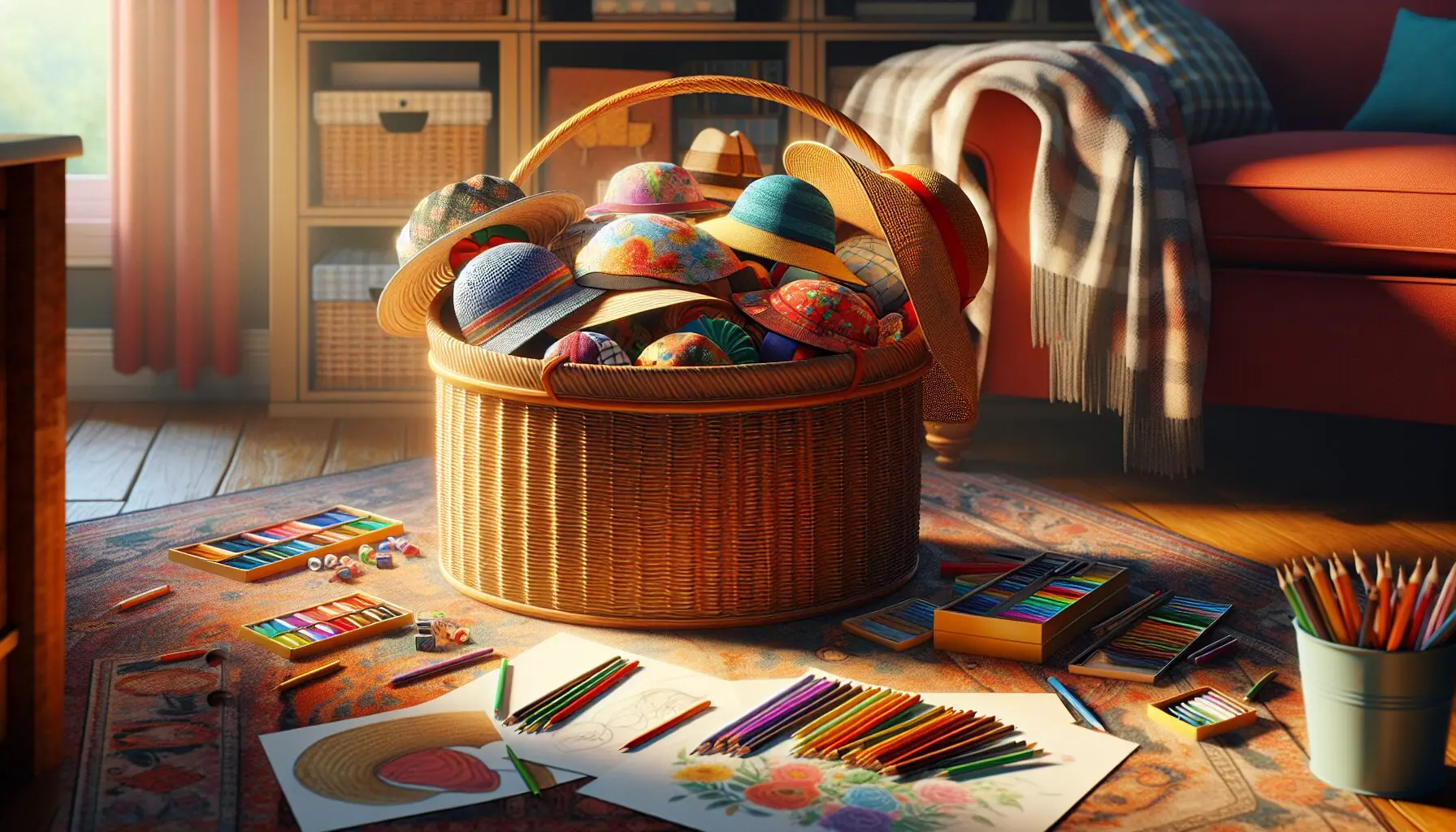 Generate an image of a playful basket filled with colorful hats and drawing supplies.