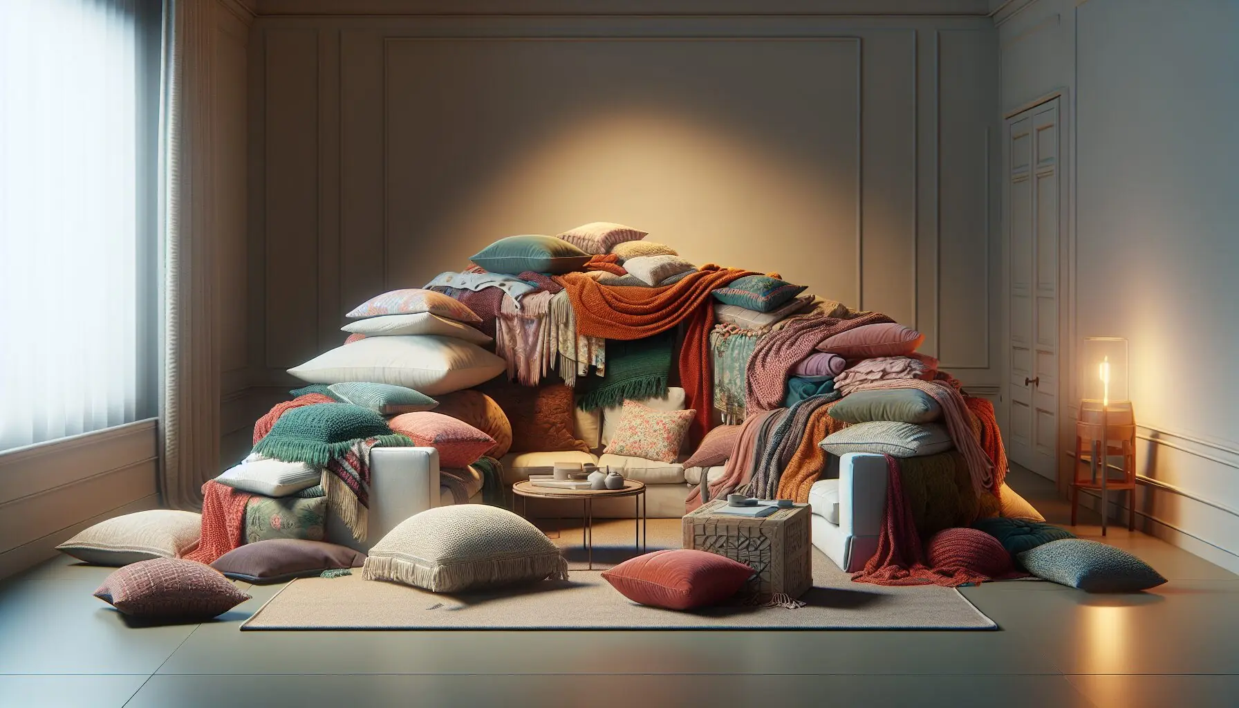 Create an image of a cushion fort with a blanket draped over a small table, inviting creativity.