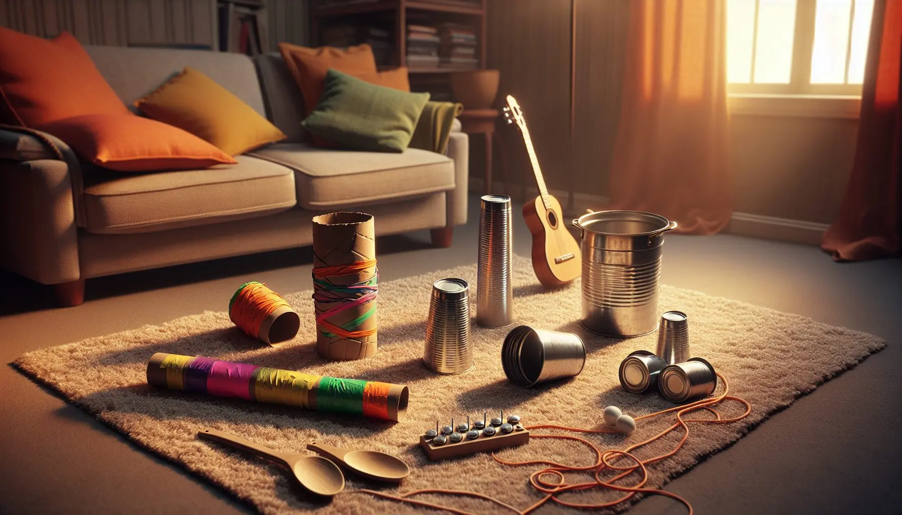 Generate an image of a child playfully exploring sounds with homemade instruments in a colorful living room setting.