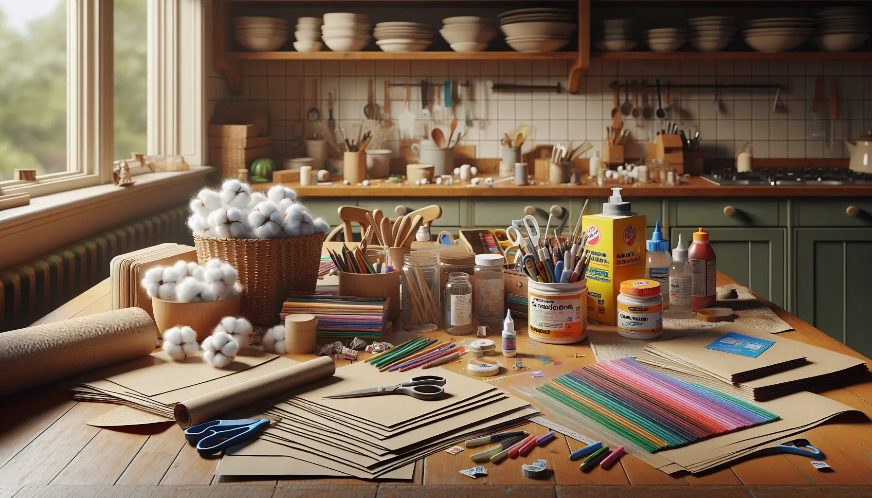 Generate an image of art supplies: cotton balls, colored construction paper, non-toxic glue, and markers.