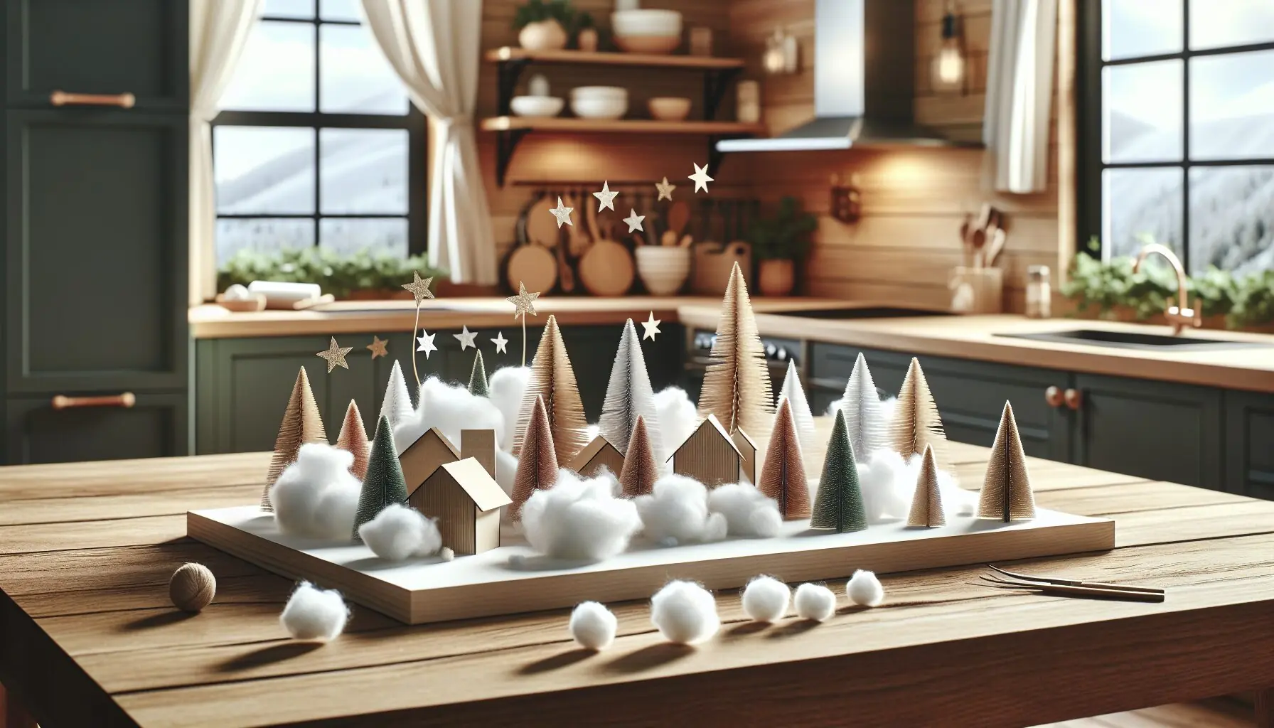 Generate an image of a completed winter landscape with cotton ball snow, trees, and stars.