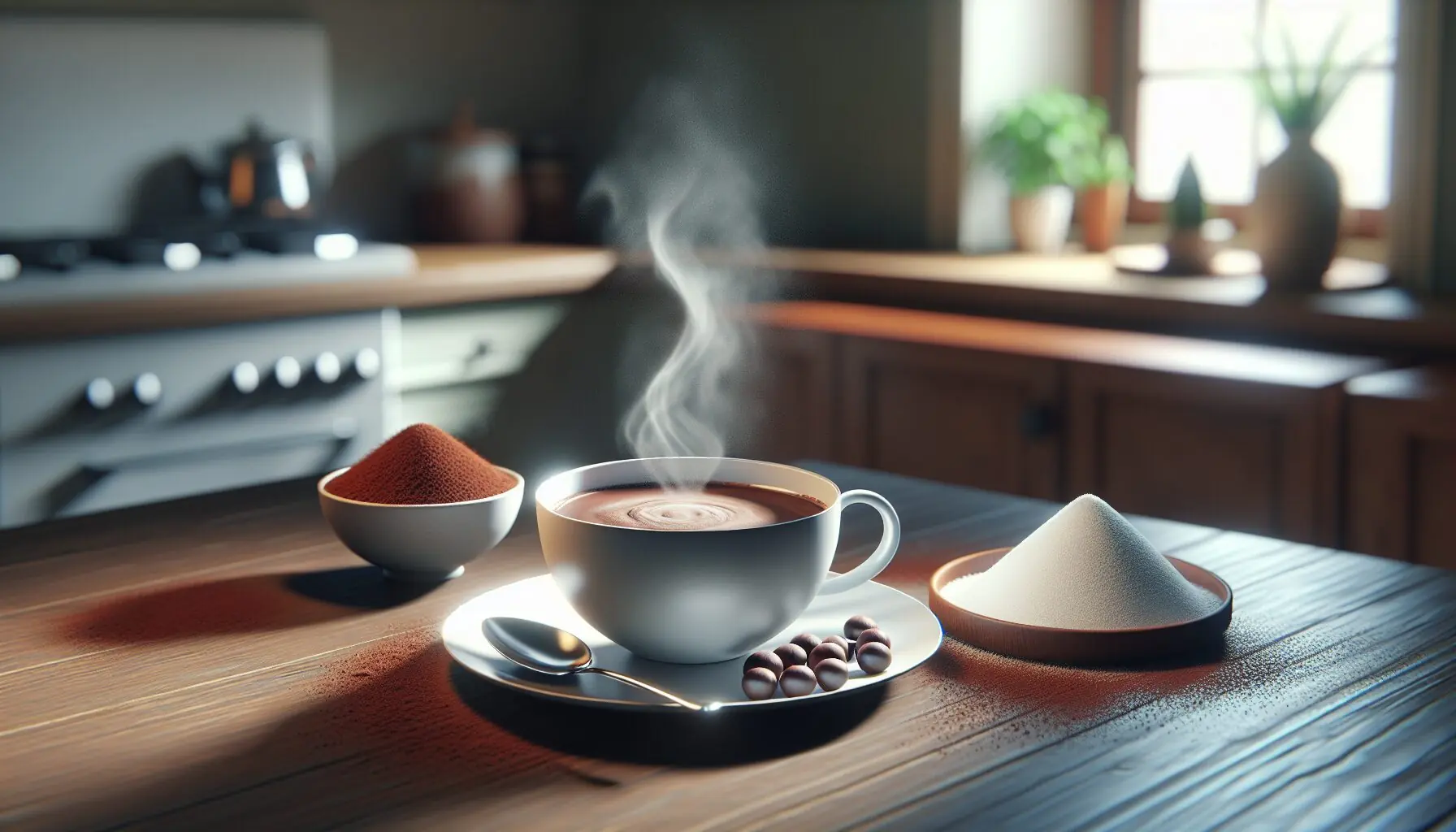 Generate an image of a steaming cup of hot chocolate beside a pile of cocoa powder and sugar on a wooden table.