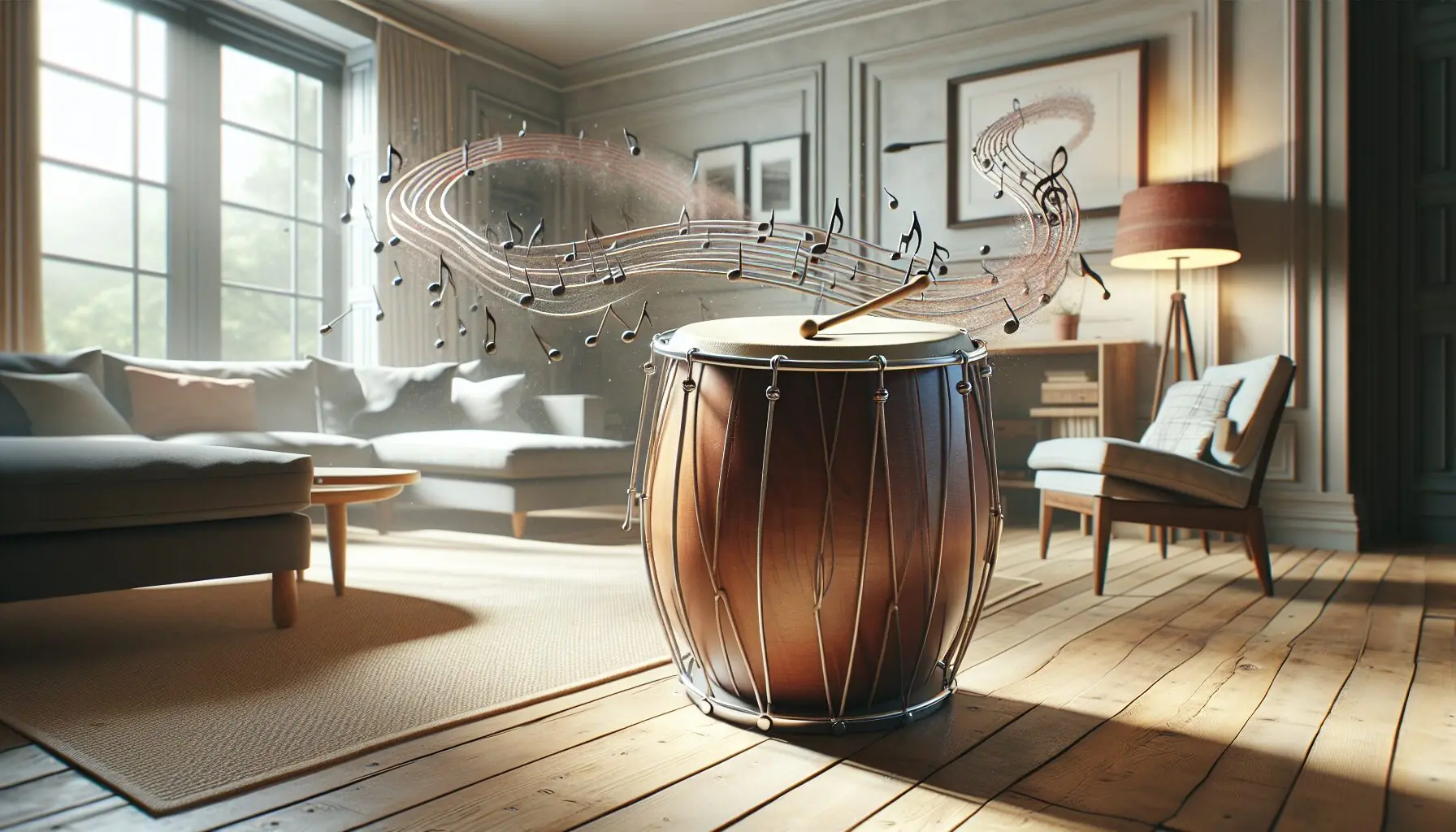 Generate an image of a vibrant drum resting on a wooden table, surrounded by musical notes floating in the air.