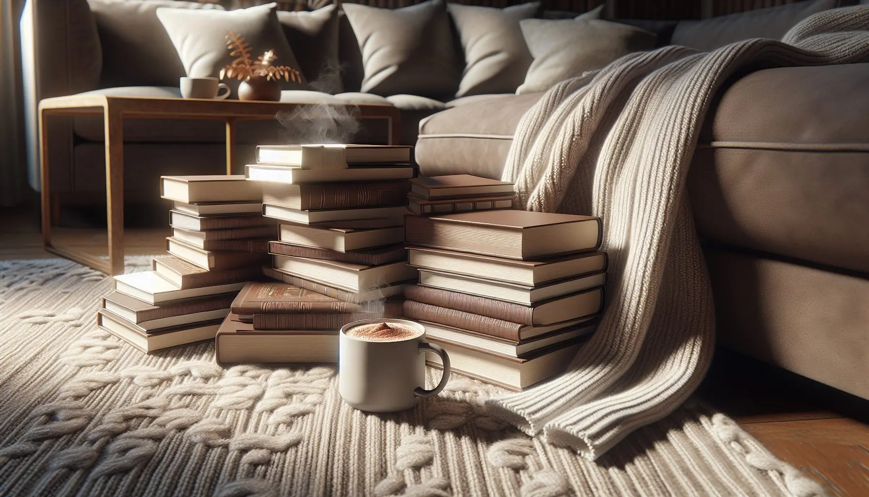 Generate an illustration depicting a stack of books next to a steaming cup of hot cocoa on a cozy woolen blanket.