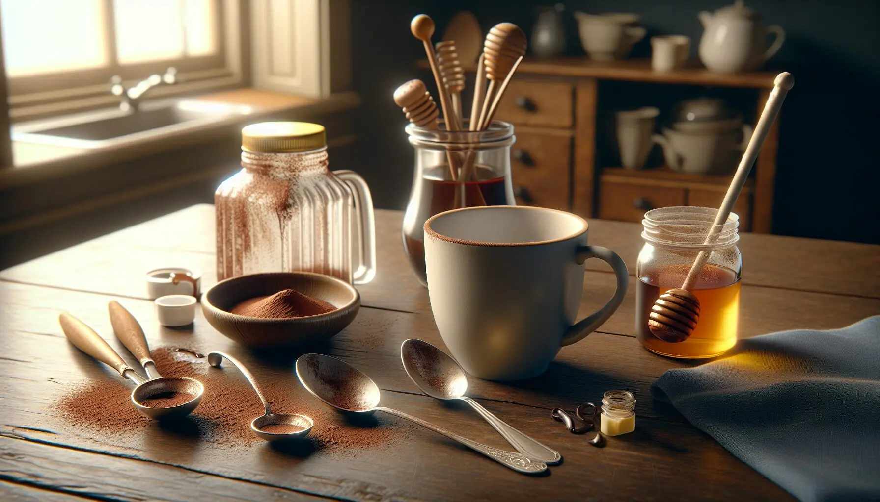 Generate an image of a cozy family kitchen setting with an empty hot chocolate mug next to used measuring tools.