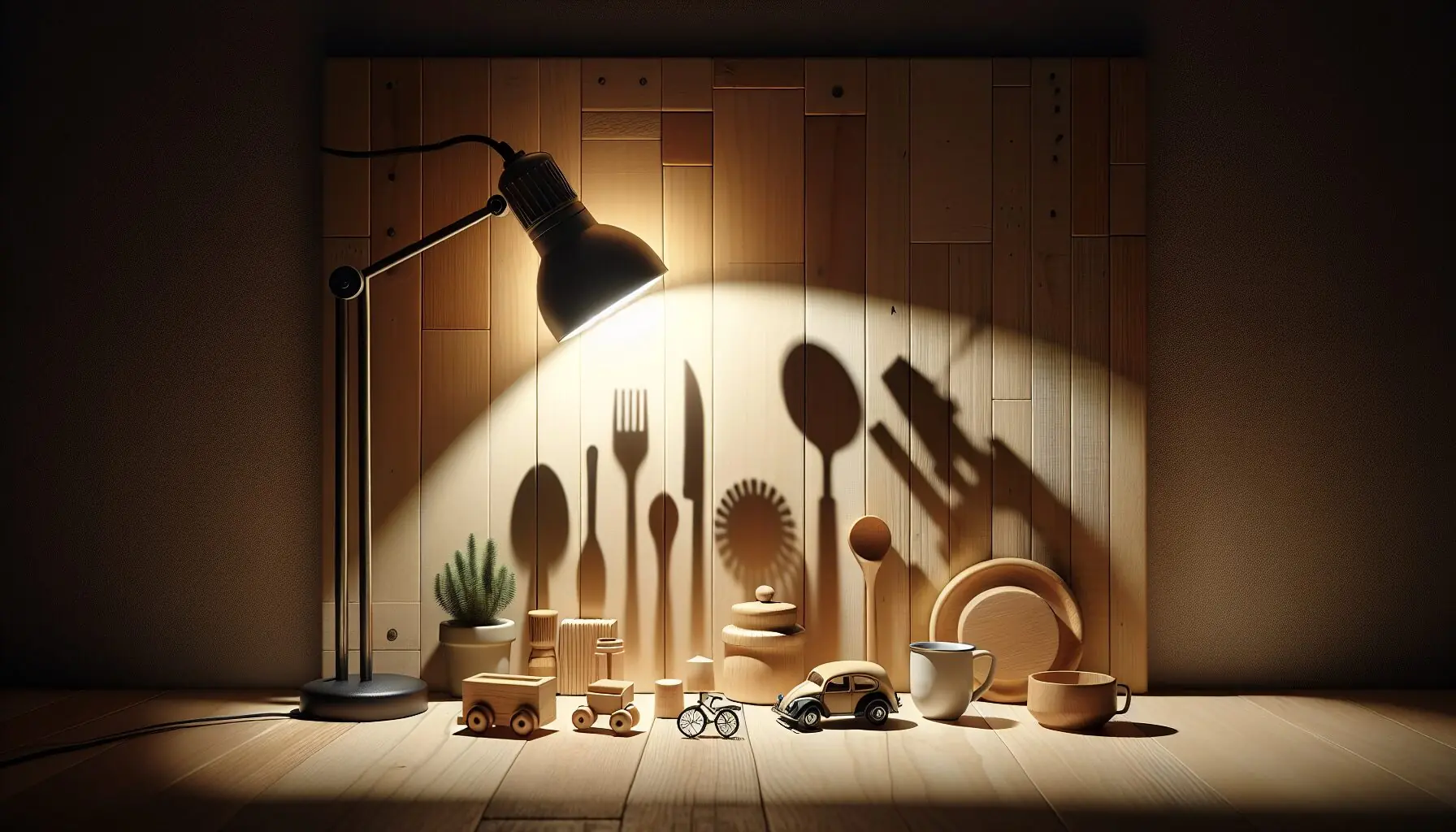 Generate an image showing different sized shadows cast by objects against a wall in a dimly lit room.