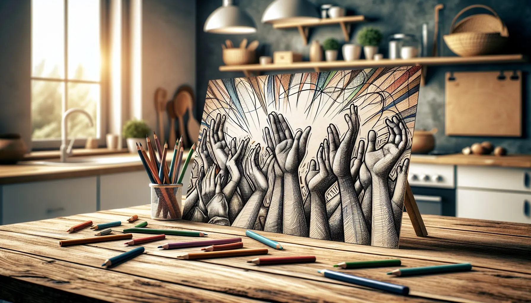 Generate an image of a beautiful collage of doodled hands clapping with lines depicting motion and joy.