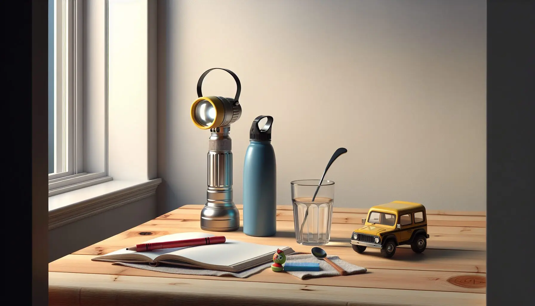 Generate an image of a child-friendly flashlight and a variety of household objects on a table.