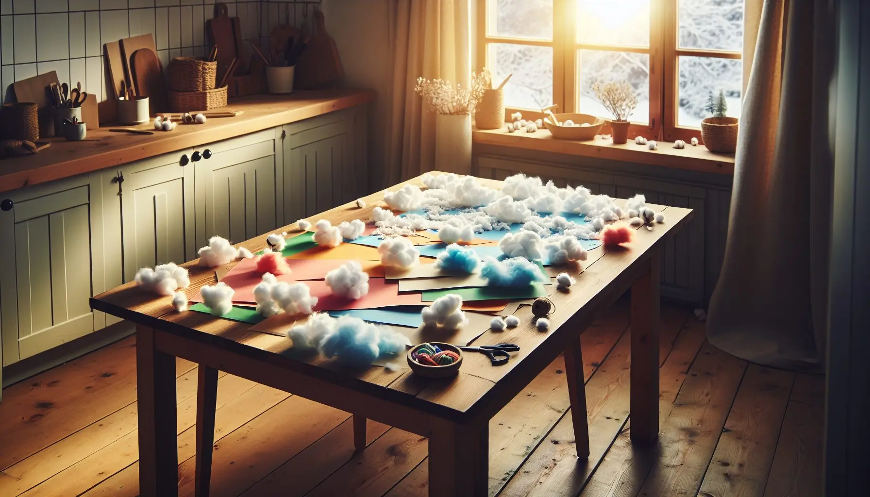 Generate an image of a winter landscape with cotton balls on colored construction paper.