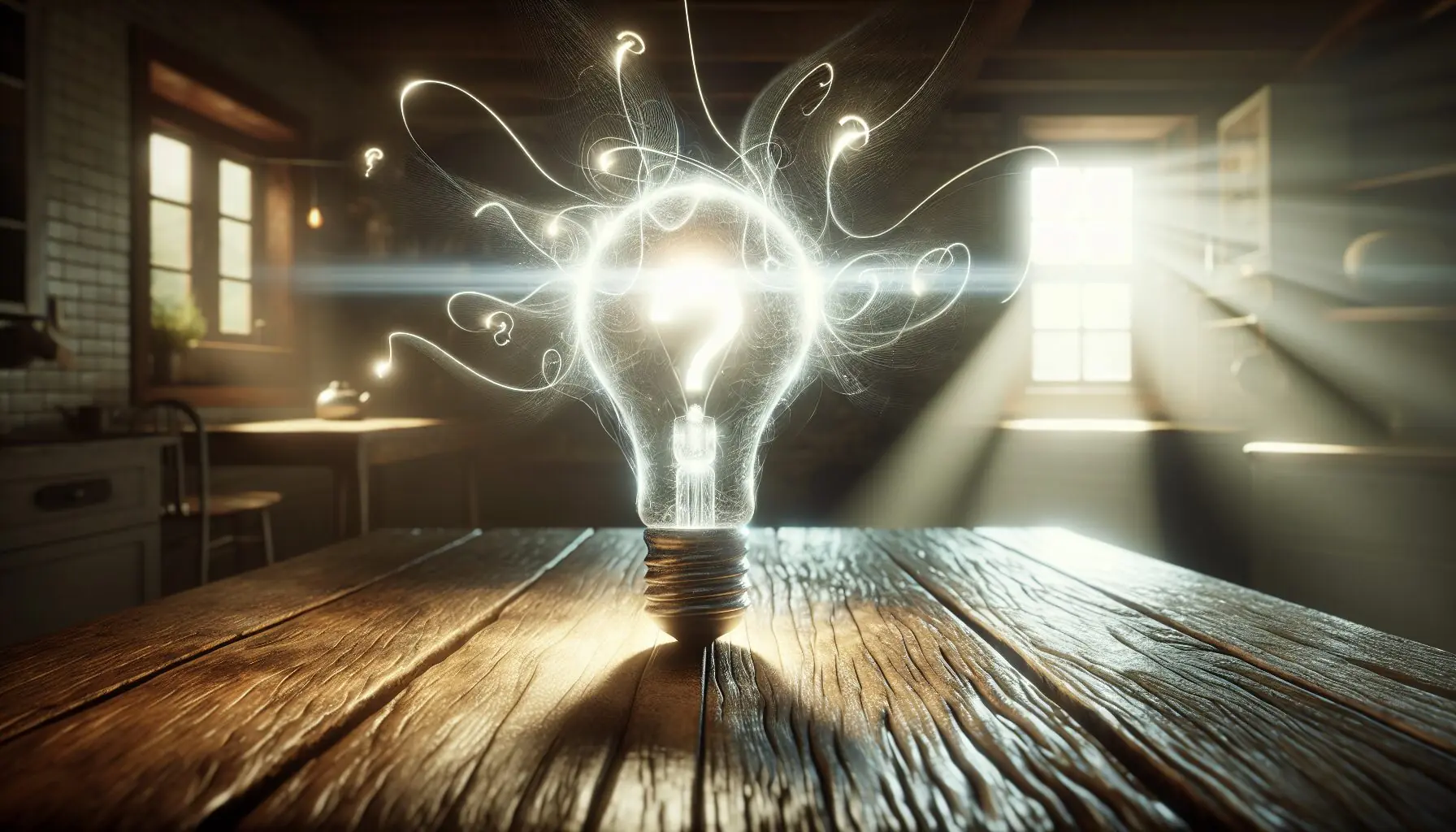 Generate an image of a light bulb with symbols of curiosity and ideas radiating from it.