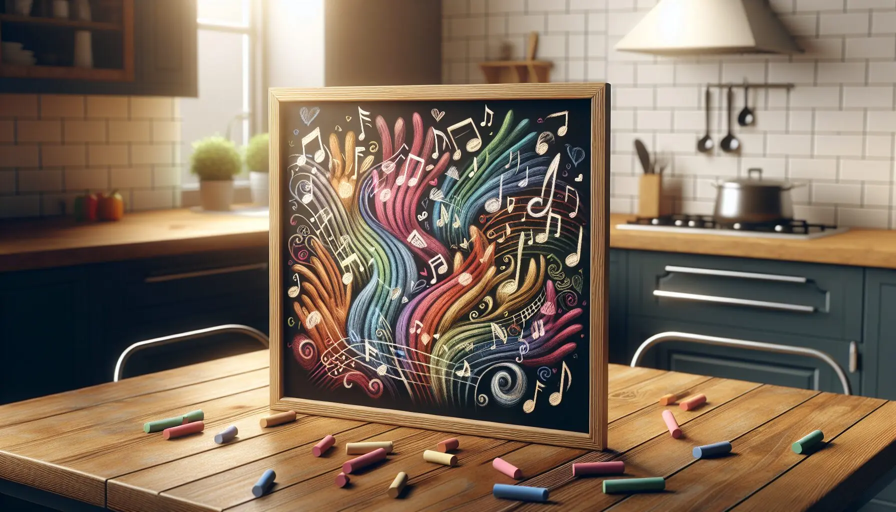Generate an image of colorful clapping patterns drawn on a chalkboard with music notes floating around.