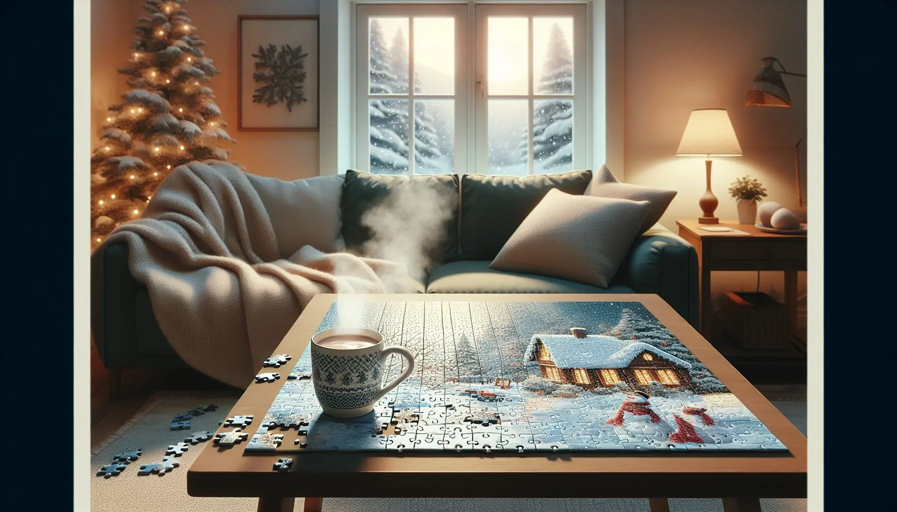 Generate an image of a cozy room with a hot cocoa mug on a table, snow gently falling outside the window.