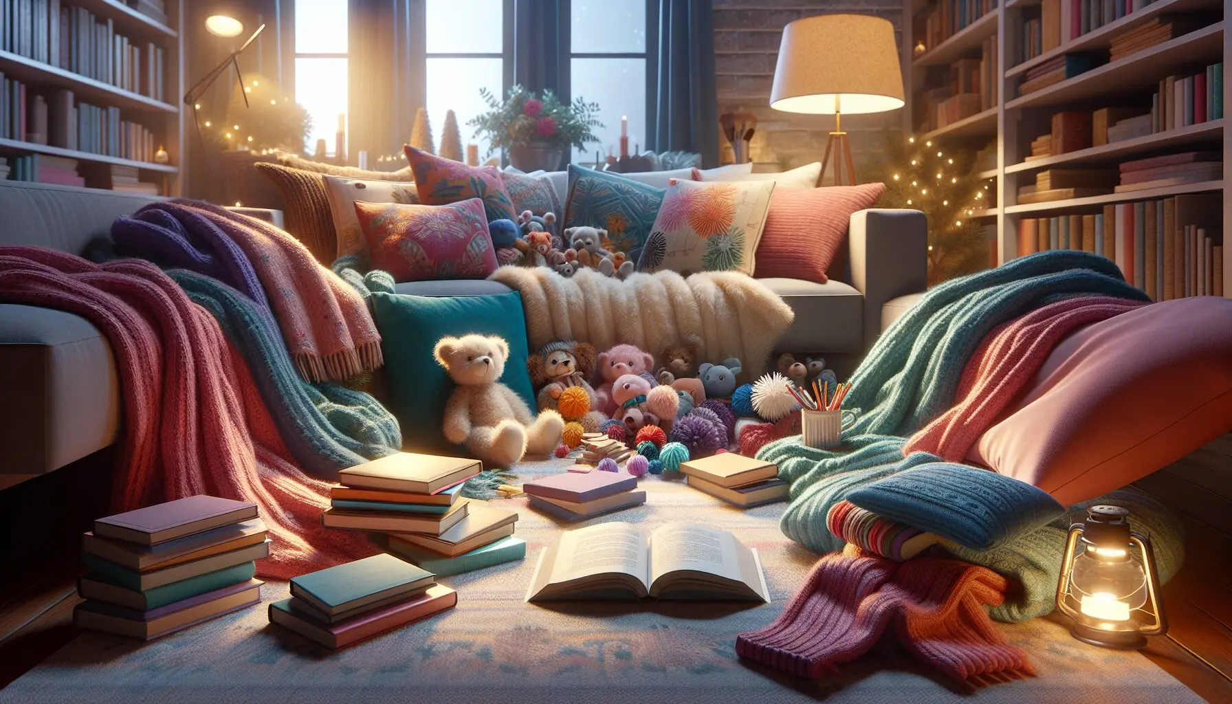 Generate an image of a living room setting with open books, soft lighting, and blankets spread on the floor.