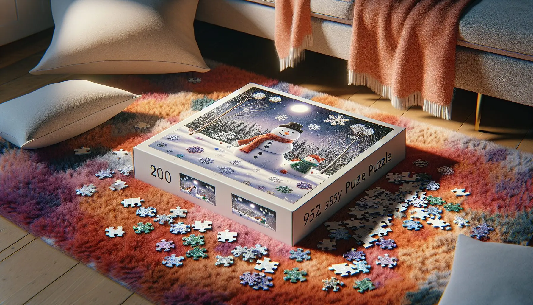 Generate an image of a winter-themed jigsaw puzzle with snowflakes and snowmen on a soft, colorful rug.