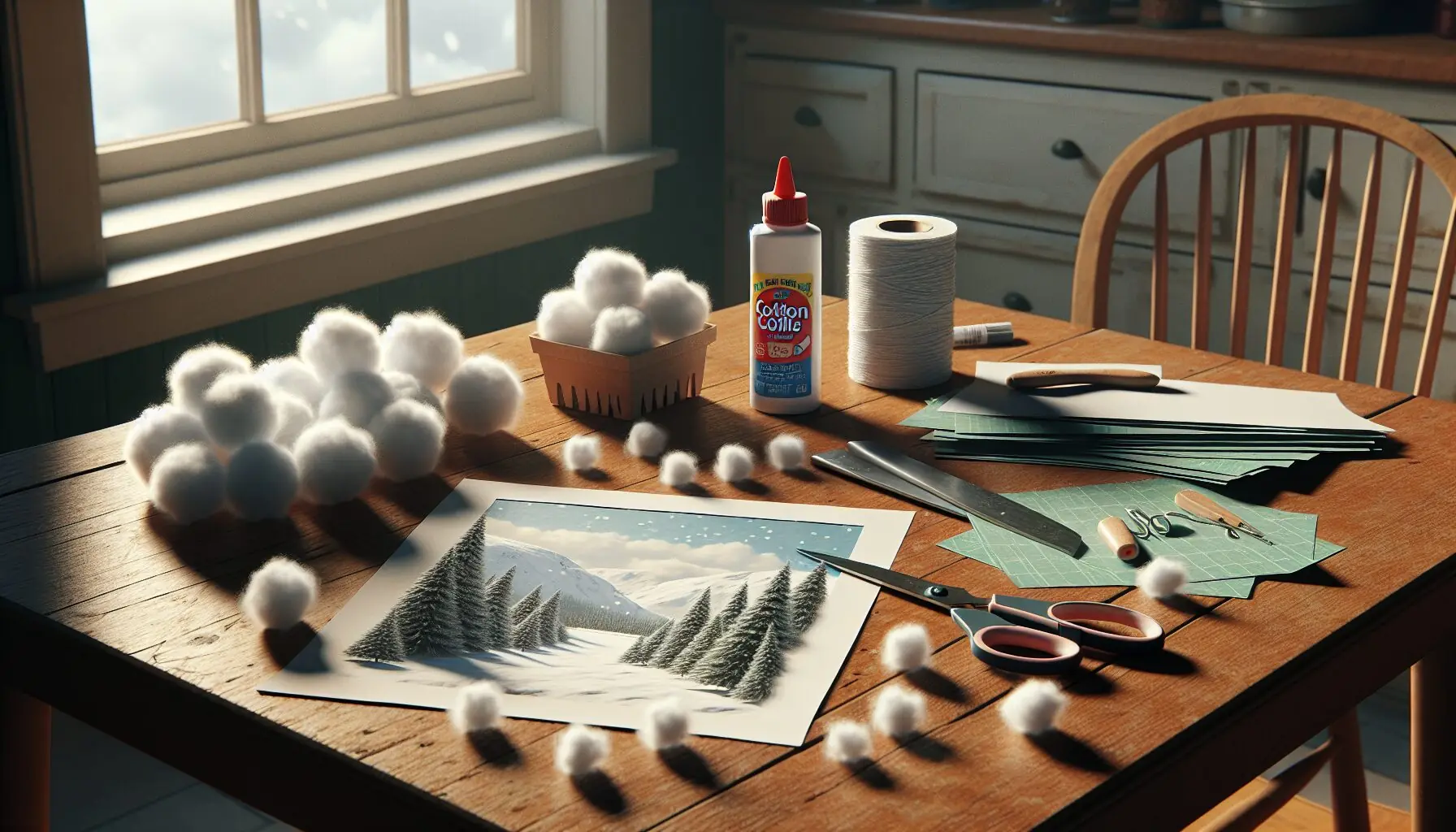 Generate an image showing children gluing cotton balls to a paper landscape.