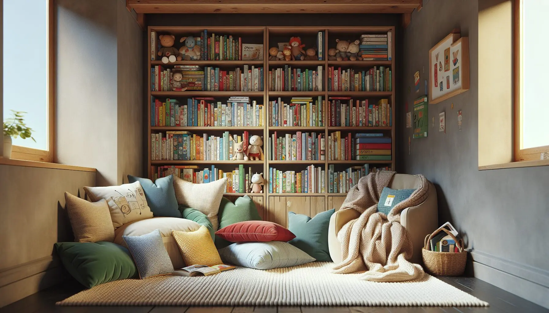 Generate an image of a bookshelf filled with colorful children's books next to a cozy reading nook with pillows and blankets.