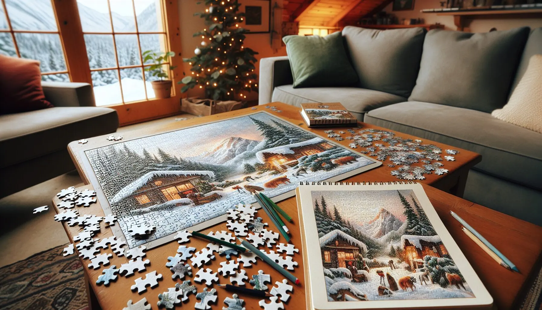 Generate an image of a notebook with drawings capturing puzzle-solving moments, featuring snow-capped mountains and animals.