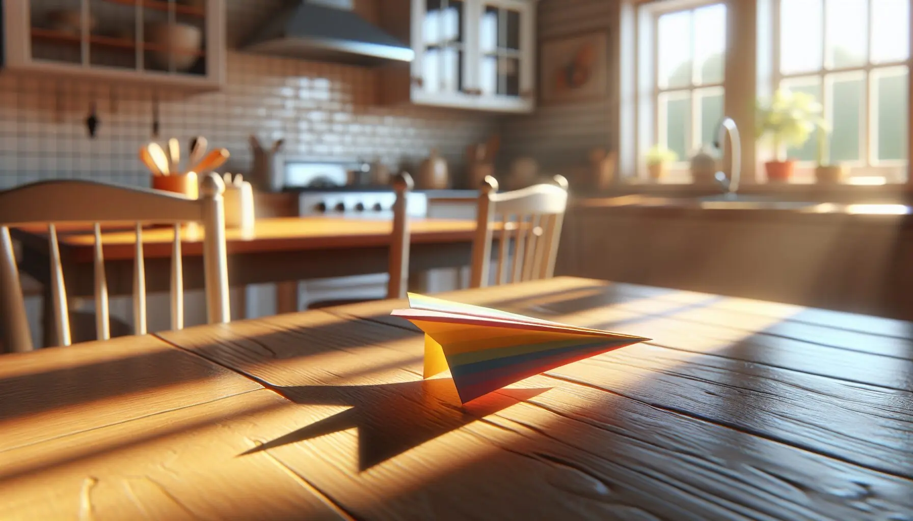 Generate an image of a smiling child holding a colorful paper airplane, standing in a sunlit garden.