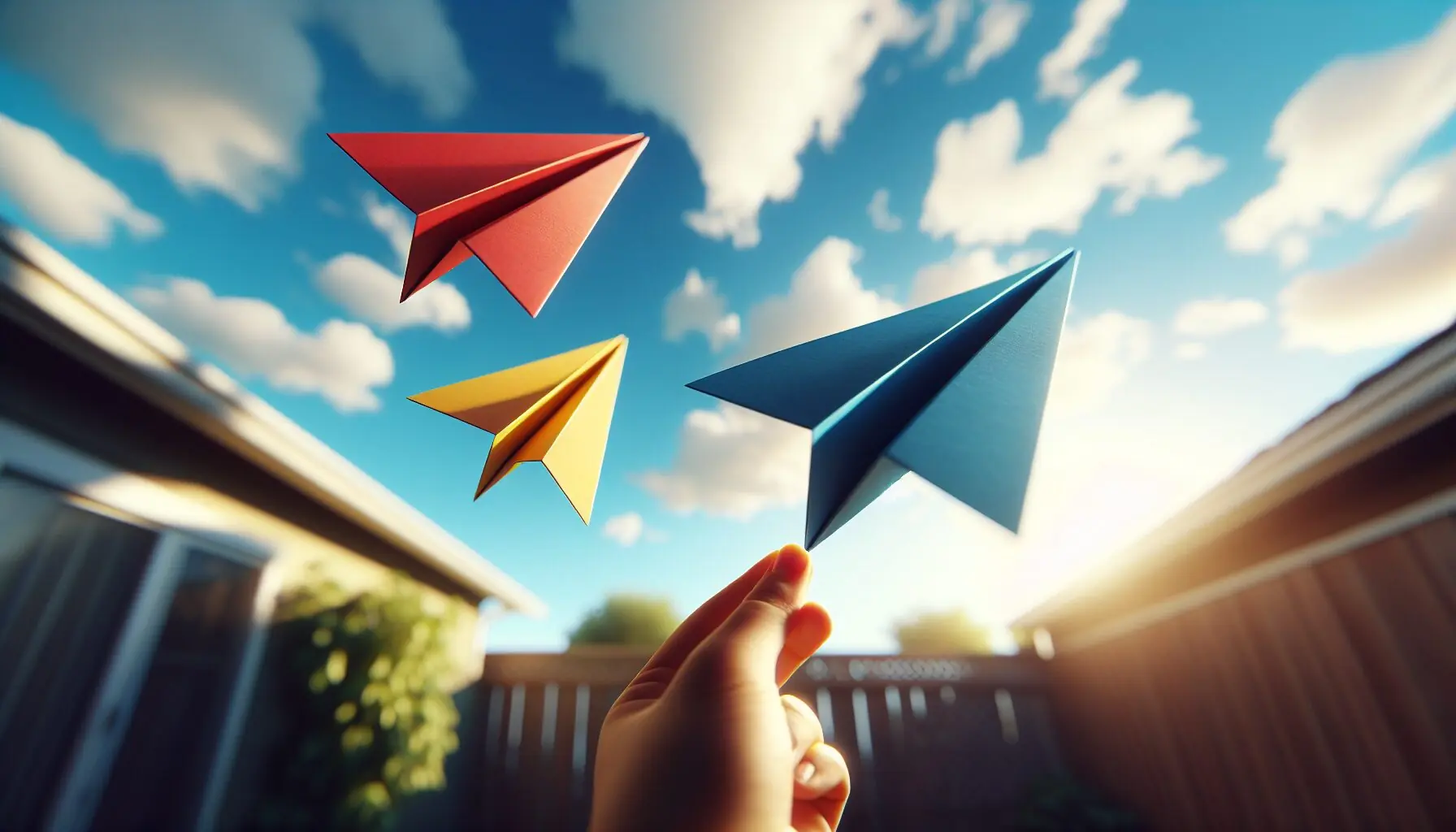 Generate an image of a collection of vibrant paper airplanes mid-flight under a blue sky.