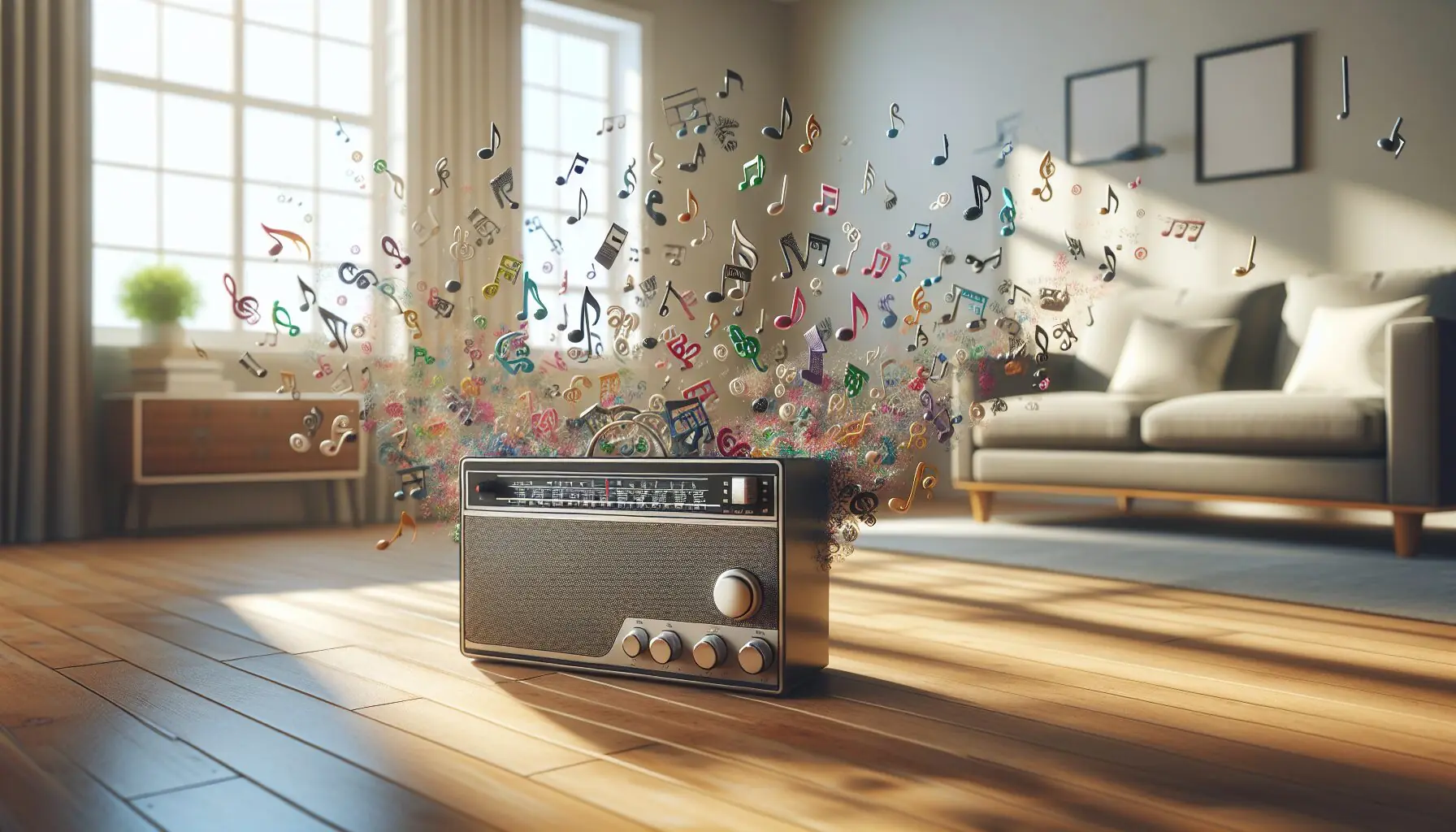 Generate an image of an open space with a stereo and a variety of musical notes floating around.