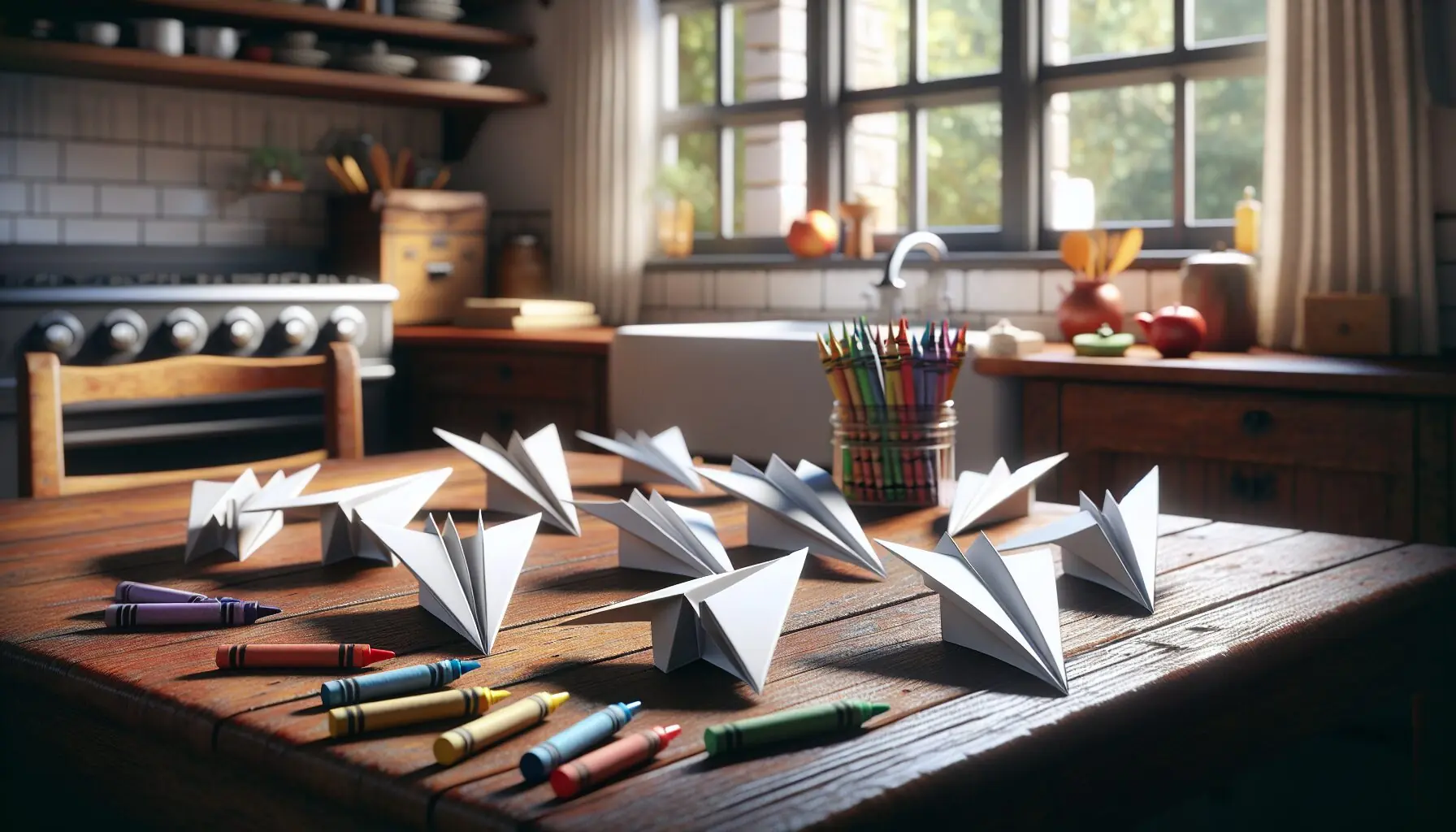 Generate an image of neatly folded paper airplanes lined up on a wooden table, with crayons nearby.