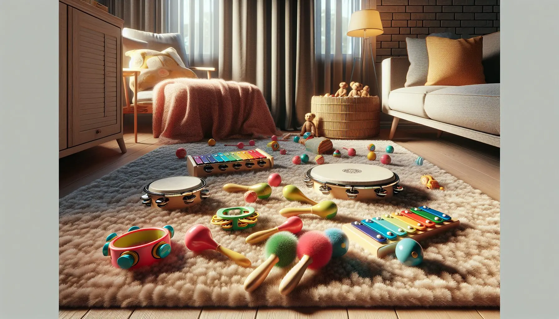 Generate an image of colorful musical instruments scattered on a carpet, representing fun and play.
