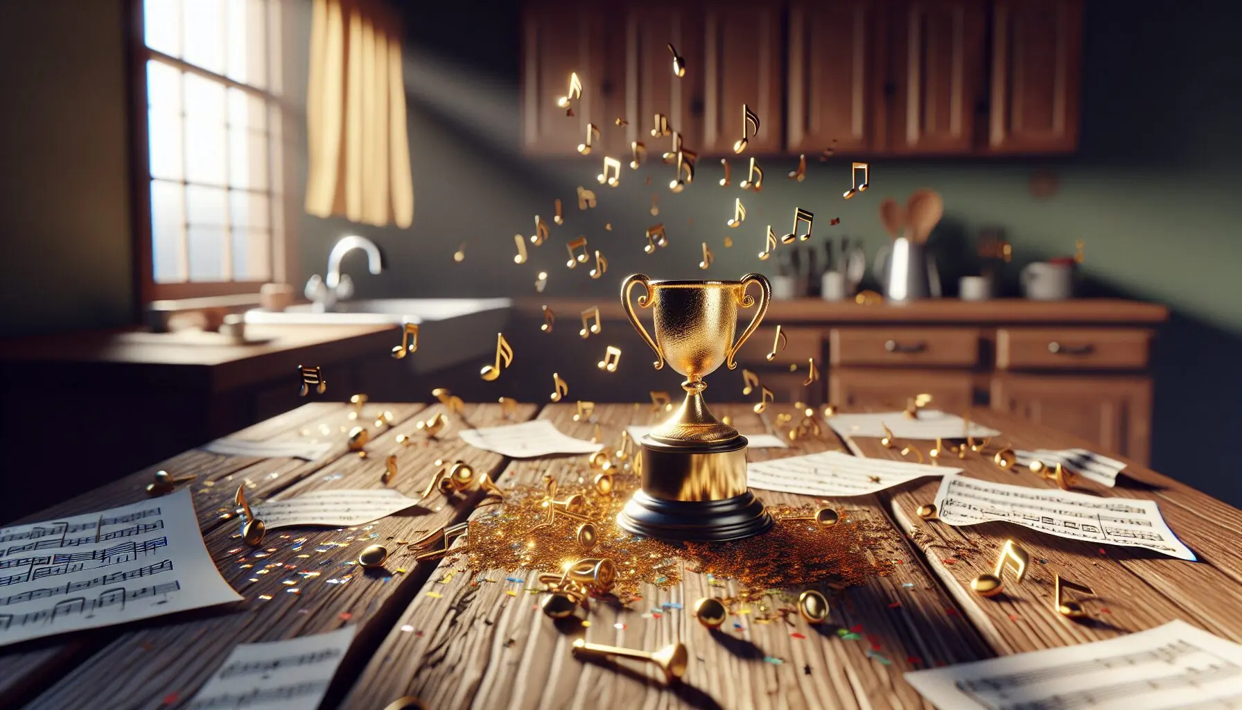 Generate an image of a trophy surrounded by musical notes and playful confetti, symbolizing achievement and joy in music.