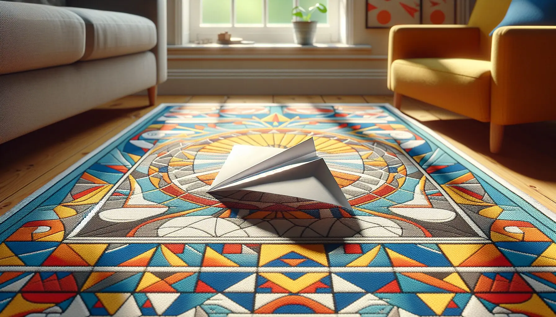 Generate an image of a child’s hands folding a paper airplane on a colorful play mat.