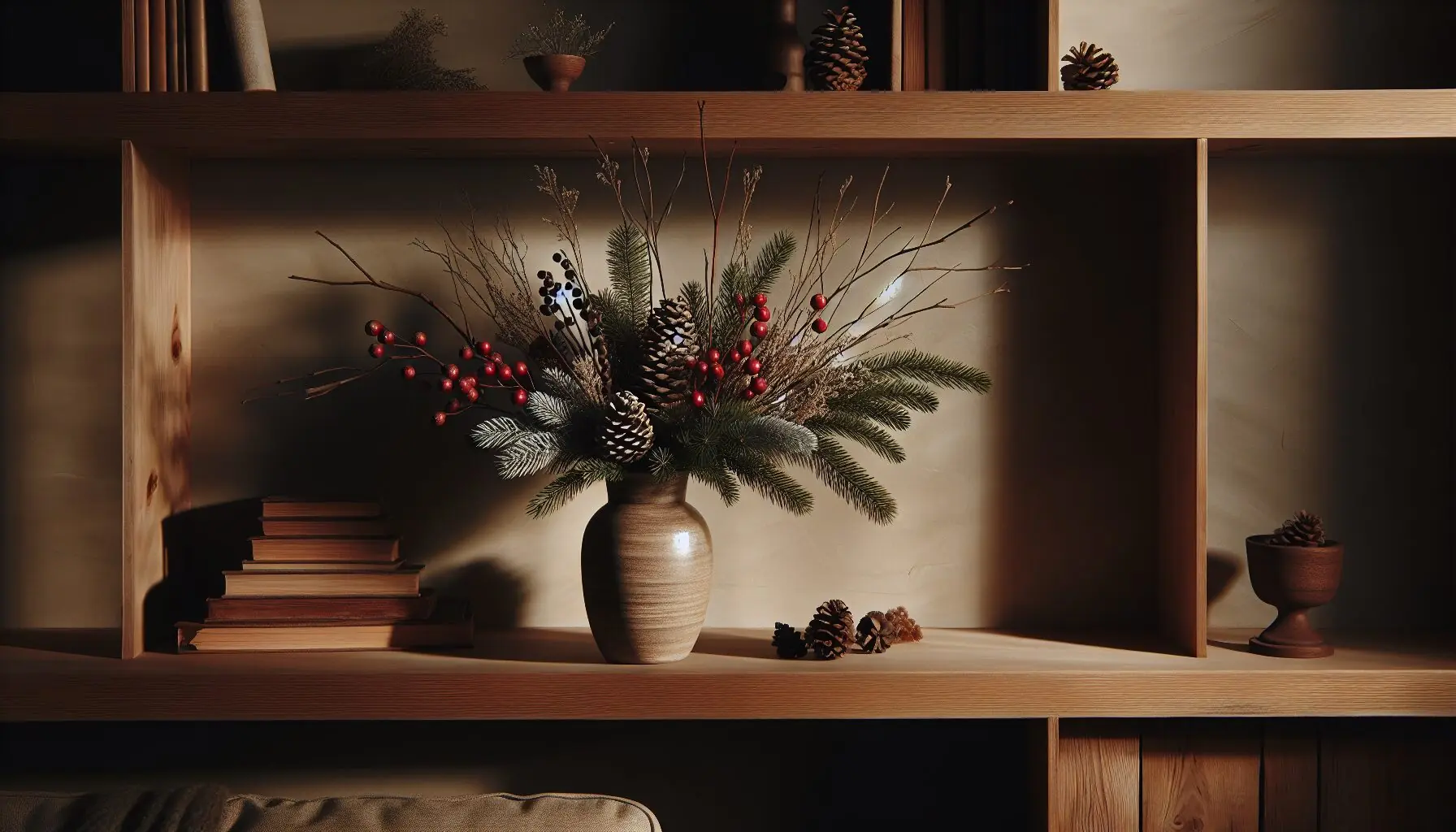 Generate an image of a vibrant indoor scene displaying a completed winter bouquet in a vase on a shelf.