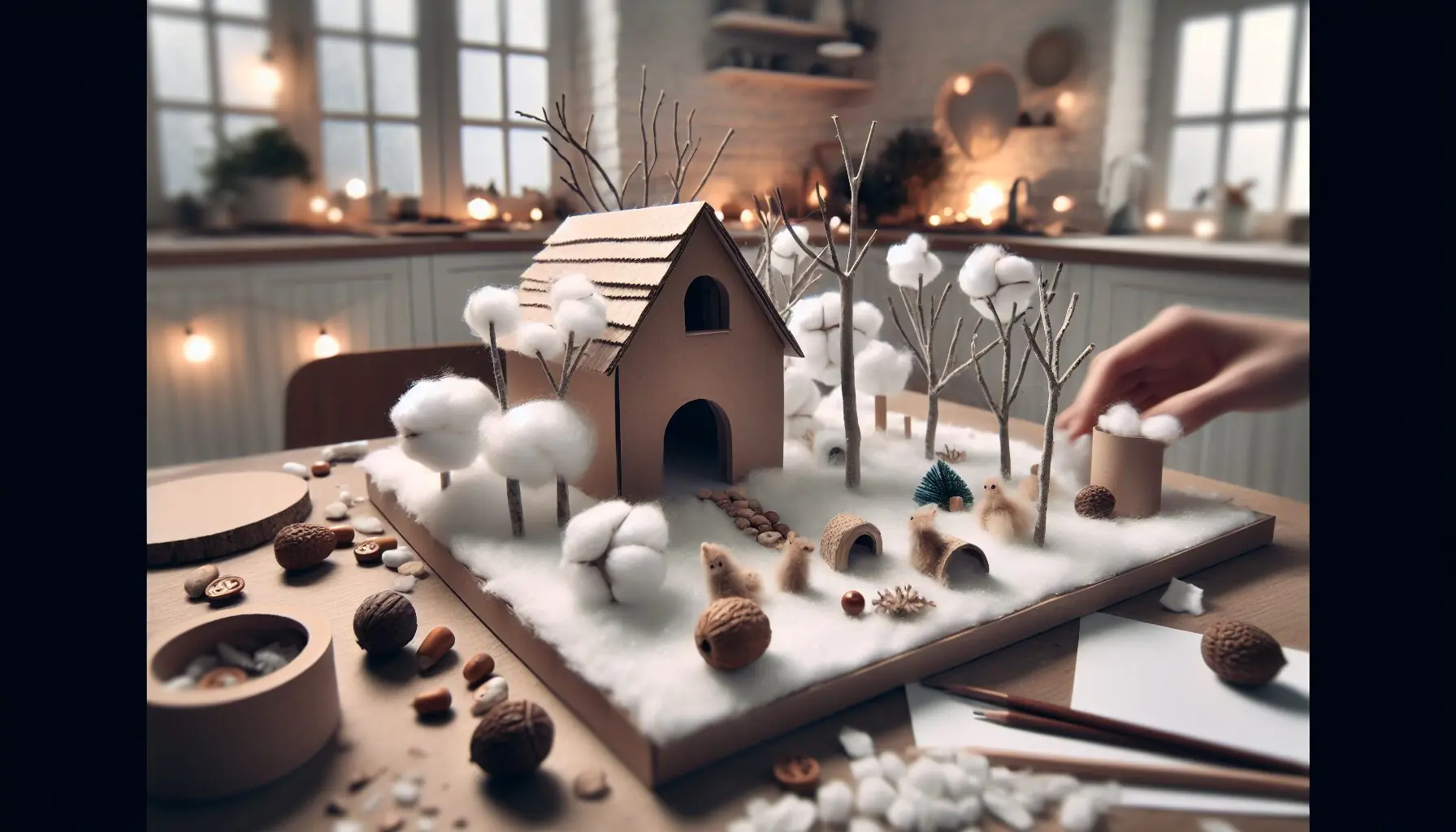 Visualize a scene with children collaborating joyfully on building miniature animal habitats, with elements like small caves and trees included.