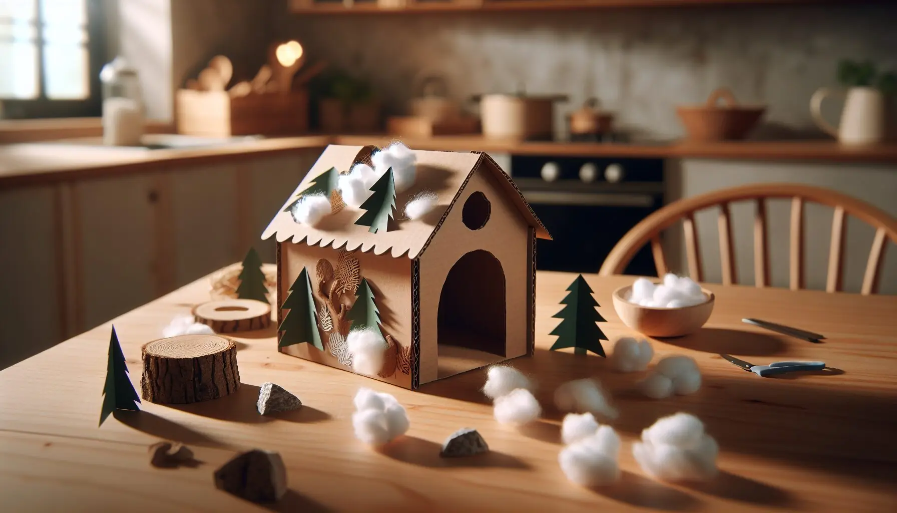 Create an image of a cardboard animal shelter adorned with cotton balls on a wooden table, showcasing the completed winter craft.