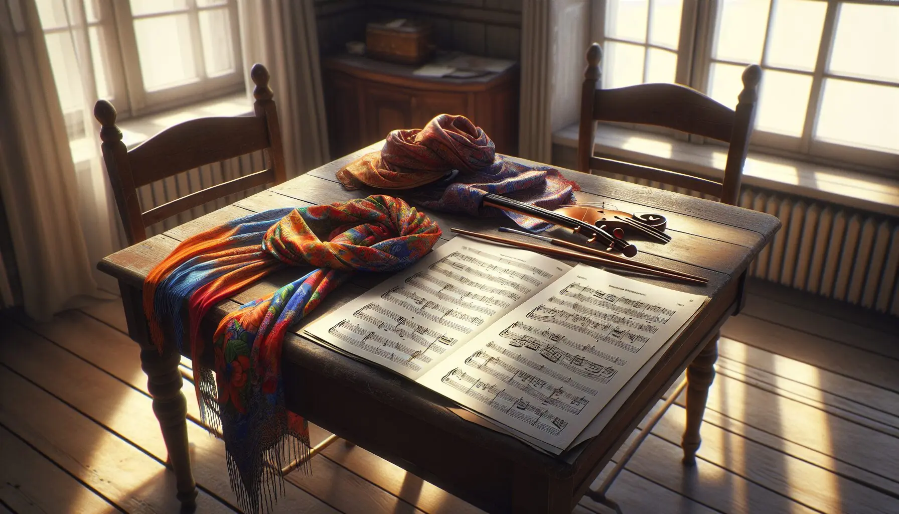 Generate an image of music sheets with rhythmic dance notes, placed among brightly colored scarves for dancing.