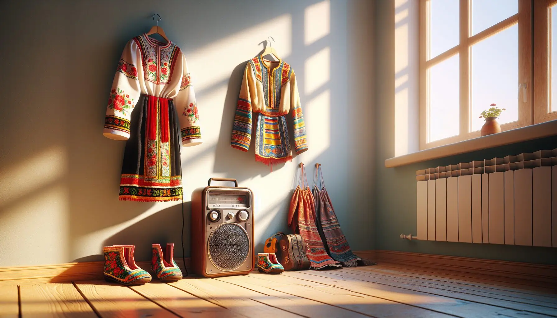 Generate an image of colorful folk dance costumes hanging on a wall, next to a small speaker playing folk music.