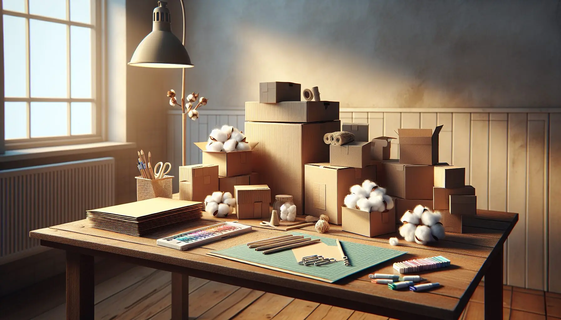 Generate an image showing cardboard boxes, cotton balls, craft paper, and markers arranged for an arts and crafts project.