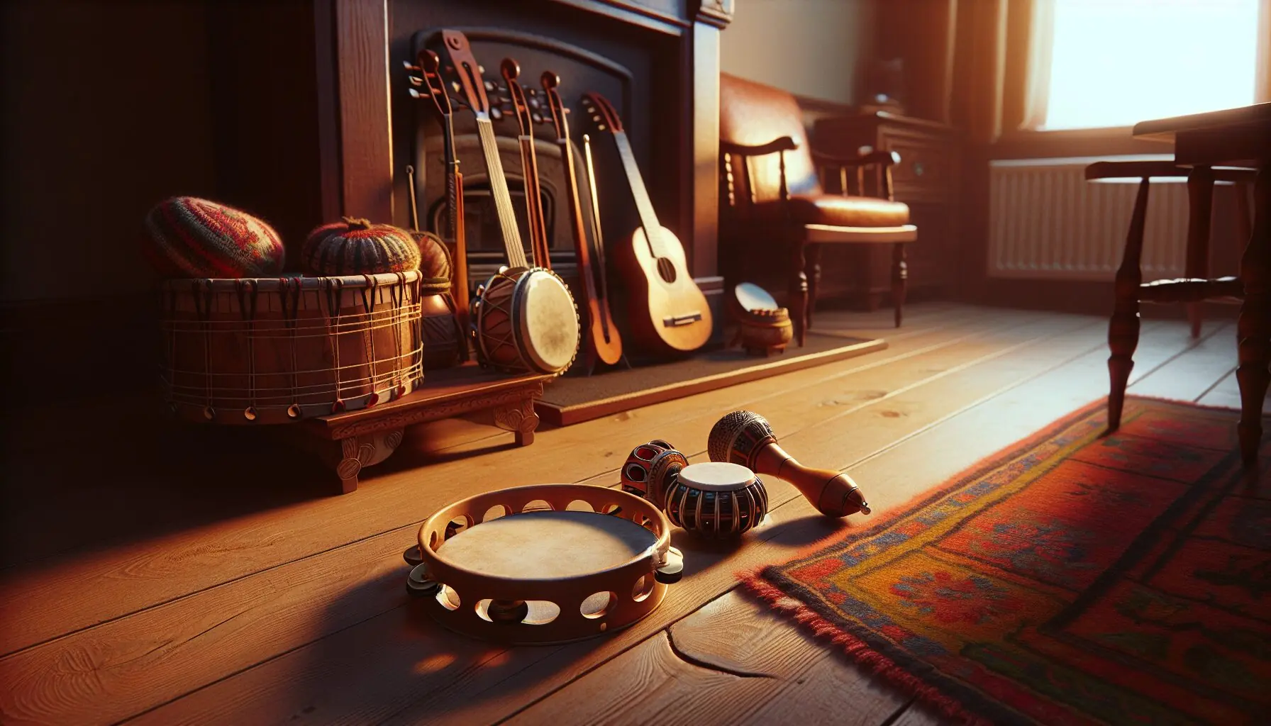 Generate an image of a cozy living room with wooden floors and traditional folk music instruments placed on a low shelf.